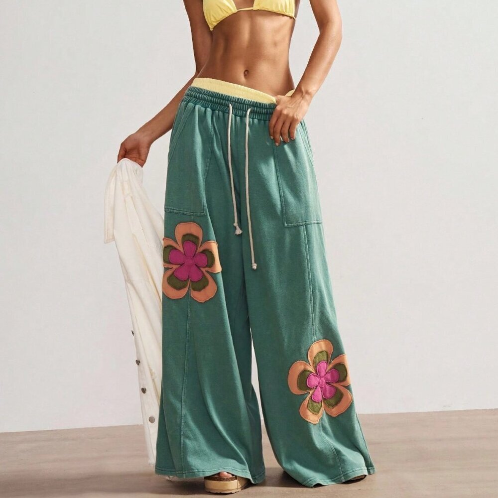 Green Casual Women's Bohemian Wide Leg Pants